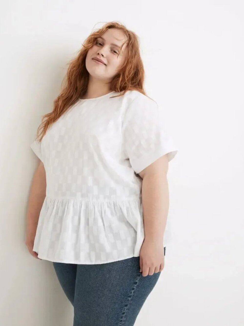 Madewell Medford Top Jacquard Short Sleeve Textured Peplum Blouse White Size 1X - Picture 2 of 13